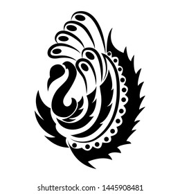 Ornamental silhouette of peacock. Template for icon, logo, print, tattoo. Peacock`s tail close