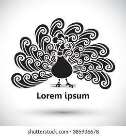 Ornamental silhouette of peacock. Template for icon, logo, print, tattoo. Peacock`s tail open.  Front view