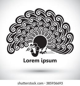 Ornamental silhouette of peacock. Template for icon, logo, print, tattoo. Peacock`s tail open.  Front view