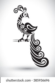 Ornamental silhouette of peacock. Template for icon, logo, print, tattoo. Peacock`s tail close. Side view.