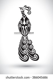 Ornamental silhouette of peacock.  Template for icon, logo, print, tattoo. Peacock`s tail close. Back view.