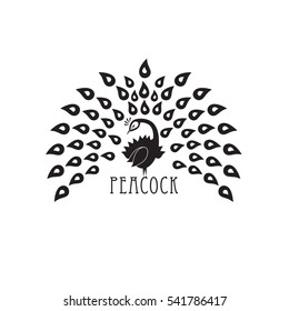 Ornamental silhouette of peacock. Template for icon, logo, print, tattoo. Peacocks tail open. Front view
