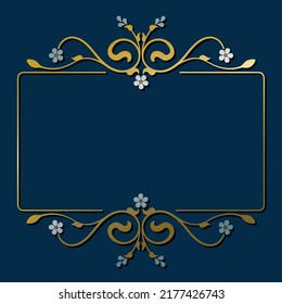 Marco Plateado Ornamental (Borde) con Tendrils Dorados, Hojas Y Flores Olvidadas No Sobre Un Fondo Azul Oscuro