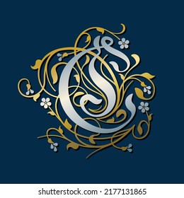 Ornamental Silver Initial Letter C With Golden Tendrils, Leaves And Forget-me-not Flowers On A Dark Blue Background	
