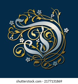 Ornamental Silver Initial Letter D With Golden Tendrils, Leaves And Forget-me-not Flowers On A Dark Blue Background	