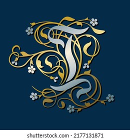 Ornamental Silver Initial Letter I With Golden Tendrils, Leaves And Forget-me-not Flowers On A Dark Blue Background	