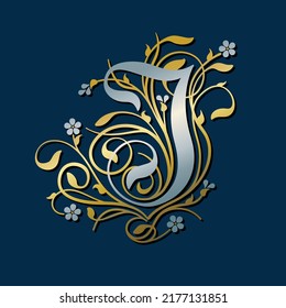 Ornamental Silver Initial Letter J With Golden Tendrils, Leaves And Forget-me-not Flowers On A Dark Blue Background	