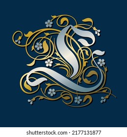Ornamental Silver Initial Letter L With Golden Tendrils, Leaves And Forget-me-not Flowers On A Dark Blue Background	