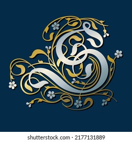 Letra Ornamental Silver Inicial S Con Tendrils De Oro, Hojas Y Flores Olvidadas No Sobre Un Fondo Azul Oscuro	