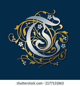Ziersilber-Anfangsbuchstabe T mit goldenen Tendrillen, Blättern und nicht vergessenen Blumen auf dunkelblauem Hintergrund	