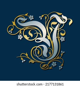 Ornamental Silver Initial Letter Y With Golden Tendrils, Leaves And Forget-me-not Flowers On A Dark Blue Background	