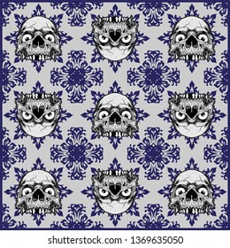 Ornamental Skull Seamless Pattern - Vector