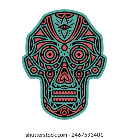 Ornamental Skull Vector Illustration. Vector Mexican Skull Design. Symmetric Tribal Mask. Native Tattoo Sketch. Dia de Muertos Decorative Element.