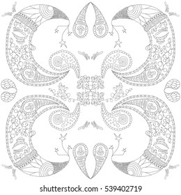 Ornamental sleeping moon with decorative elements for coloring book for adult. Hand drawing seamless pattern for your design. Vector illustration