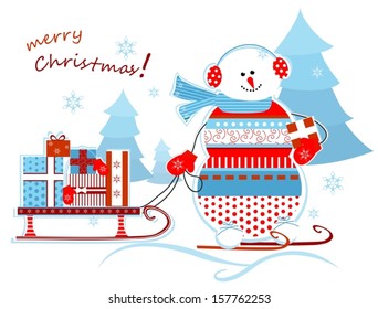 Ornamental smiling snowman with gift in his hand and sled. Vector