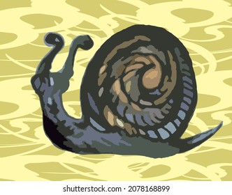 Zierschnecke auf hellem Hintergrund für Ihre kreativen Ideen. Eine Skizze einer Schnecke mit ihrem Haus in braun-blauen Tönen auf Olivenhintergrund für Textilien und Drucke, Tapeten, Decken, Plakate