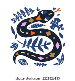 Ornamental snake surrounded by tropical leaves. Magic hand-drawn snake with geometric pattern on the back.