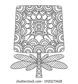 Ornamental spring flower zen art stock vector illustration. Funny symmetry blossom square shaped flower on stem with leaves. Summer ornamental coloring book page for kids and adults. One of a series