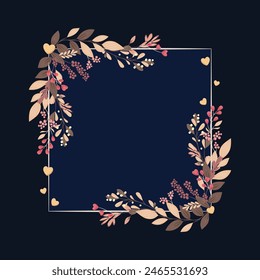 Ornamental square background with a botanical motif. Floral pattern and hearts, elegant decoration for greeting cards, Mother's Day, wedding, anniversaries, wedding invitations.