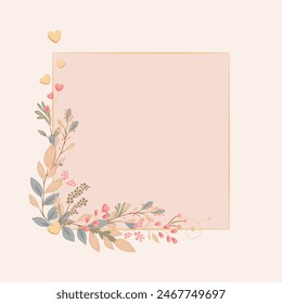 Ornamental square background with a botanical motif. Floral pattern and hearts, elegant decoration for greeting cards, Mother's Day, wedding, anniversaries, wedding invitations.