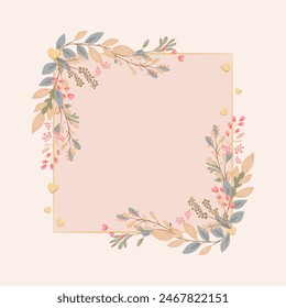 Ornamental square background with a botanical motif. Floral pattern and hearts, elegant decoration for greeting cards, Mother's Day, wedding, anniversaries, wedding invitations.