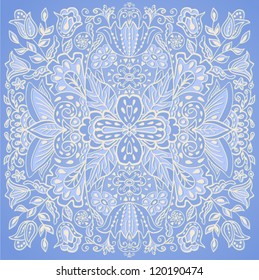 Ornamental square floral winter pattern, background with many details. Blue orient traditional ornament.