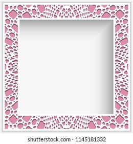 Ornamental square frame with crochet lace border pattern, cutout paper vector decoration, elegant greeting card or wedding invitation template