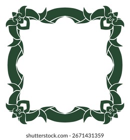 ornamental square frame with floral pattern, traditional decorative border in dark green color, isolated on white background