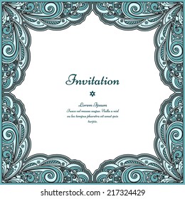 Ornamental square frame, wavy background, abstract vector decor on white
