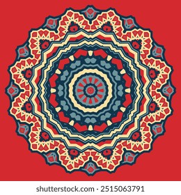 Ziersternzusammensetzung auf rotem Hintergrund. Design für Bandana, Tischdecke, Halstuch oder andere. Version 5. Vektorgrafik