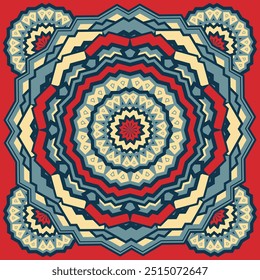 Ornamental star composition on red background. Design for bandana, tablecloth, neckerchief or other. Version 4. Vector illustration