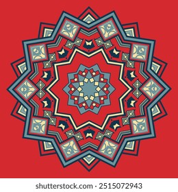 Composición de estrella ornamental sobre fondo rojo. Diseño para bandana, mantel, pañuelo u otro. Ilustración vectorial