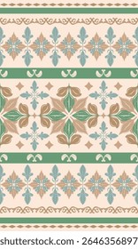Ornamental stripe pattern with floral medallions leafy curves symmetrical borders in vintage tones. Thai Ornament traditional inspired design suits wallpapers, fabrics, heritage decor, silk, spa, lace