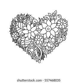 Ornamental St.Valentine's greeting card with black and white zentangle floral heart sketch. Vector heart illustration with flowers and leaves pattern on white background.