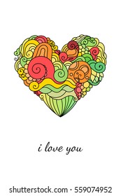 Ornamental St.Valentine's greeting card with colorful zentangle doodle heart sketch. Ethnic tribal wavy vector heart illustration on white background.
