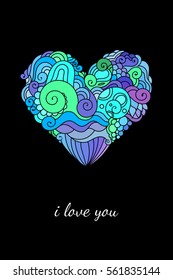 Ornamental St.Valentine's greeting card with colorful zentangle doodle heart sketch. Ethnic tribal wavy vector heart illustration on black background.