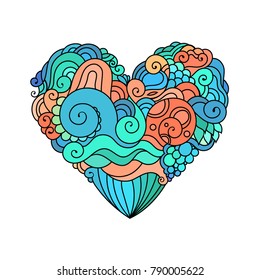 Ornamental St.Valentine's greeting card with colorful zentangle doodle heart sketch. Ethnic tribal vector heart illustration with waves and spirals pattern.