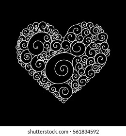 Ornamental St.Valentine's greeting card with white zentangle doodle heart sketch. Ethnic tribal wavy vector heart illustration with spirals and waves pattern on black background.
