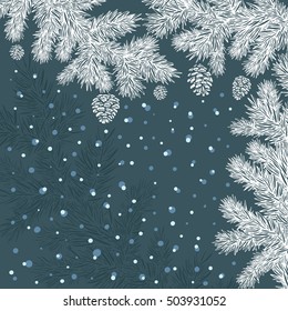 ornamental stylized white spruce branches with cones of the same color on a blue background with snow