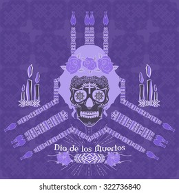 Ornamental sugar skull girl. Altar Dia de los Muertas (Day of the Dead). 