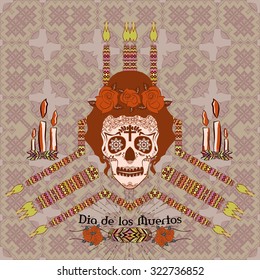 Ornamental sugar skull girl. Altar Dia de los Muertas (Day of the Dead). 