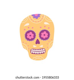 Ornamental sugar skull, symbol of dia de los Muertos, day of the death. Hand drawn festive ethnic element, yellow and purple colors. Vector illustration, graphic design isolated on white background 