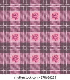 Ornamental summer floral seamless pattern (roses), fabric tartan,  web page background,surface textures. Vector illustration. 