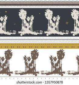 Ornamental summer pattern with palm trees. Tribal, boho vibes.