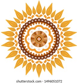 Ornamental sunflower floral mandala. Orange and yellow leaves. Nature style illustration
