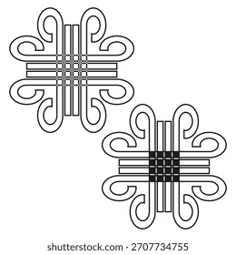 Ornamental swirl design. Two loop elements. Symmetrical knot shape. Vector geometric pattern.