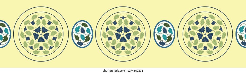 Ornamental, symmetrical tiled pattern in blues and greens. Circular emblems created from hand drawn leaves give this seamless design a mandala look. Perfect for home decor, fashion and textiles use.