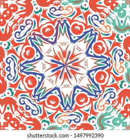 Ornamental talavera mexico tiles decor. Vector seamless pattern frame. Bathroom design. Red gorgeous flower folk print for linens, smartphone cases, scrapbooking, bags or T-shirts.