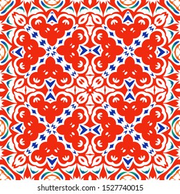 Ornamental talavera mexico tiles decor. Vector seamless pattern frame. Bathroom design. Red gorgeous flower folk print for linens, smartphone cases, scrapbooking, bags or T-shirts.