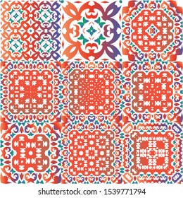 Ornamental talavera mexico tiles decor. Set of vector seamless patterns. Bathroom design. Red gorgeous flower folk prints for linens, smartphone cases, scrapbooking, bags or T-shirts.